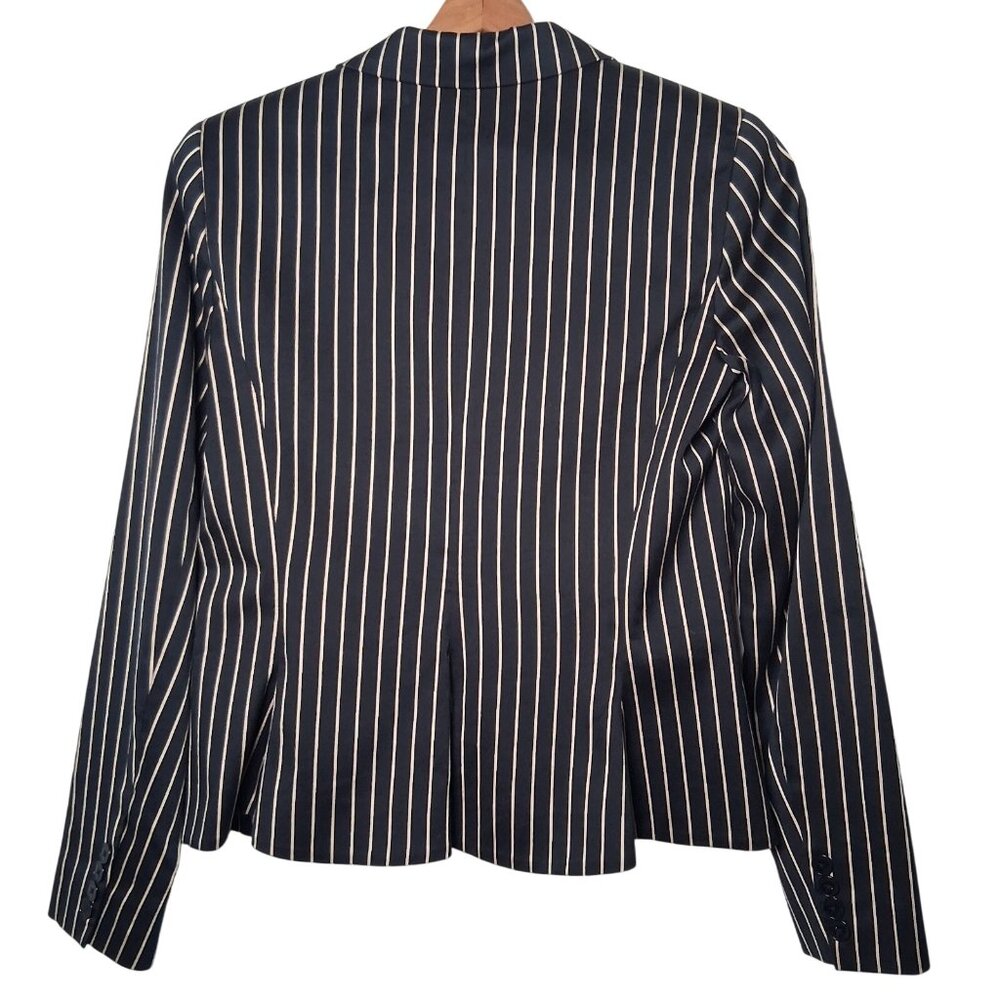Lauren Ralph Lauren Blazer Women 4 Black Tan Striped Classic Preppy Cotton Silk - Picture 2 of 16